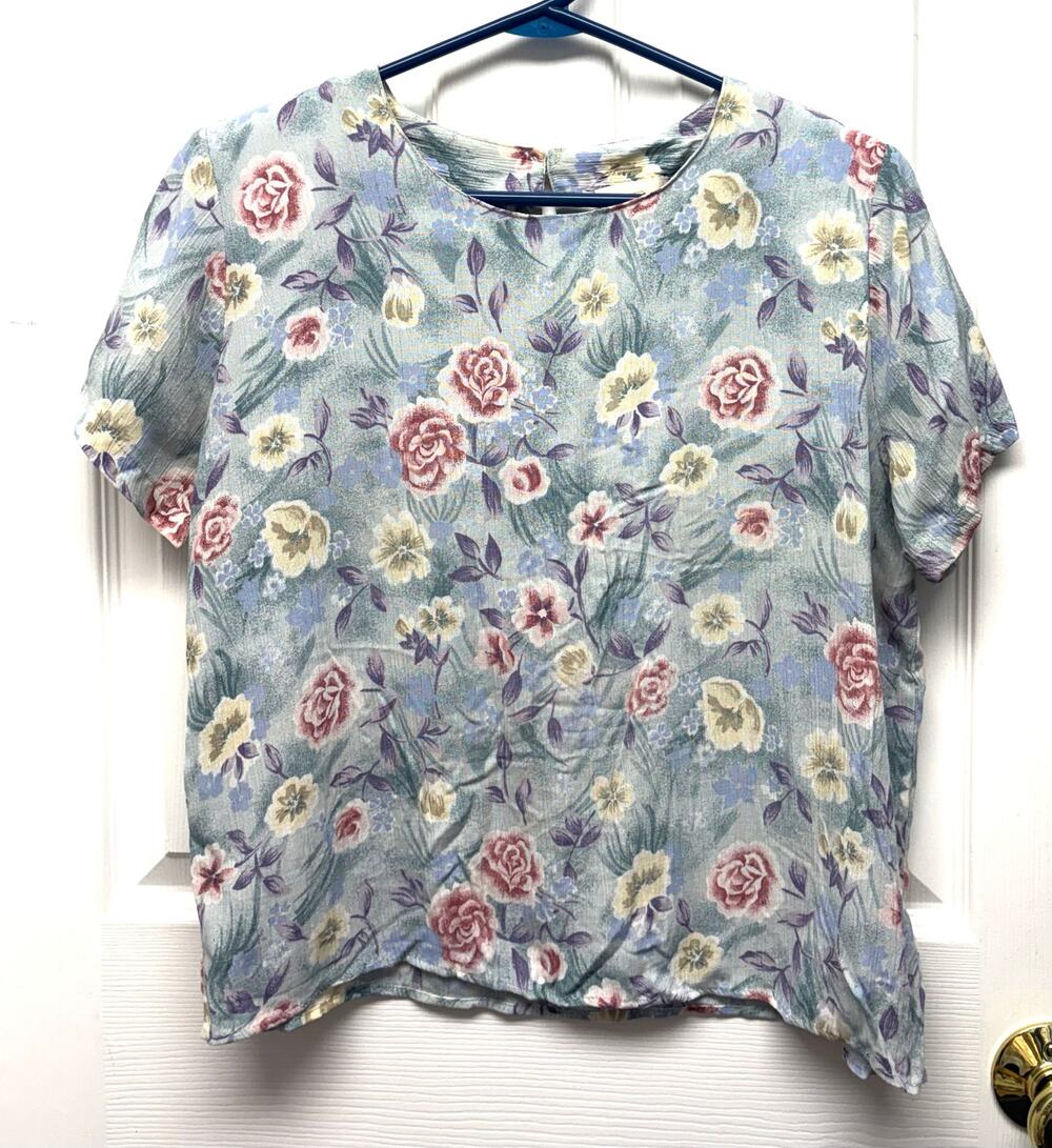 Jaclyn Smith Blouse Floral Vintage 90s Women’s Medium Petite Shoulder Pads Top